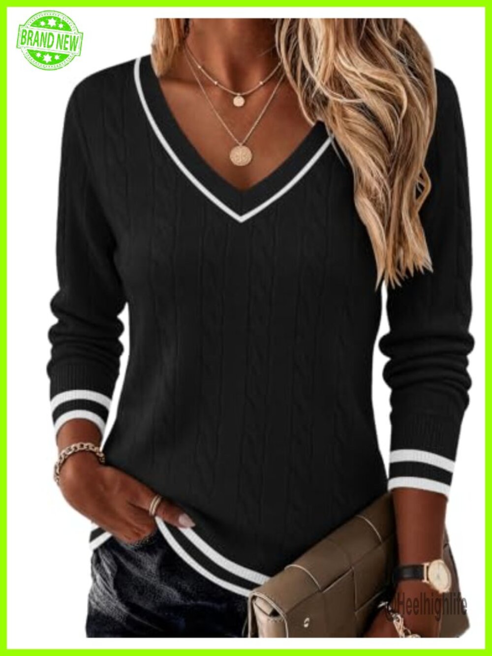 Ekouaer Womens Cable Knit V Neck Sweater Long Sleeve Pullover Fall
